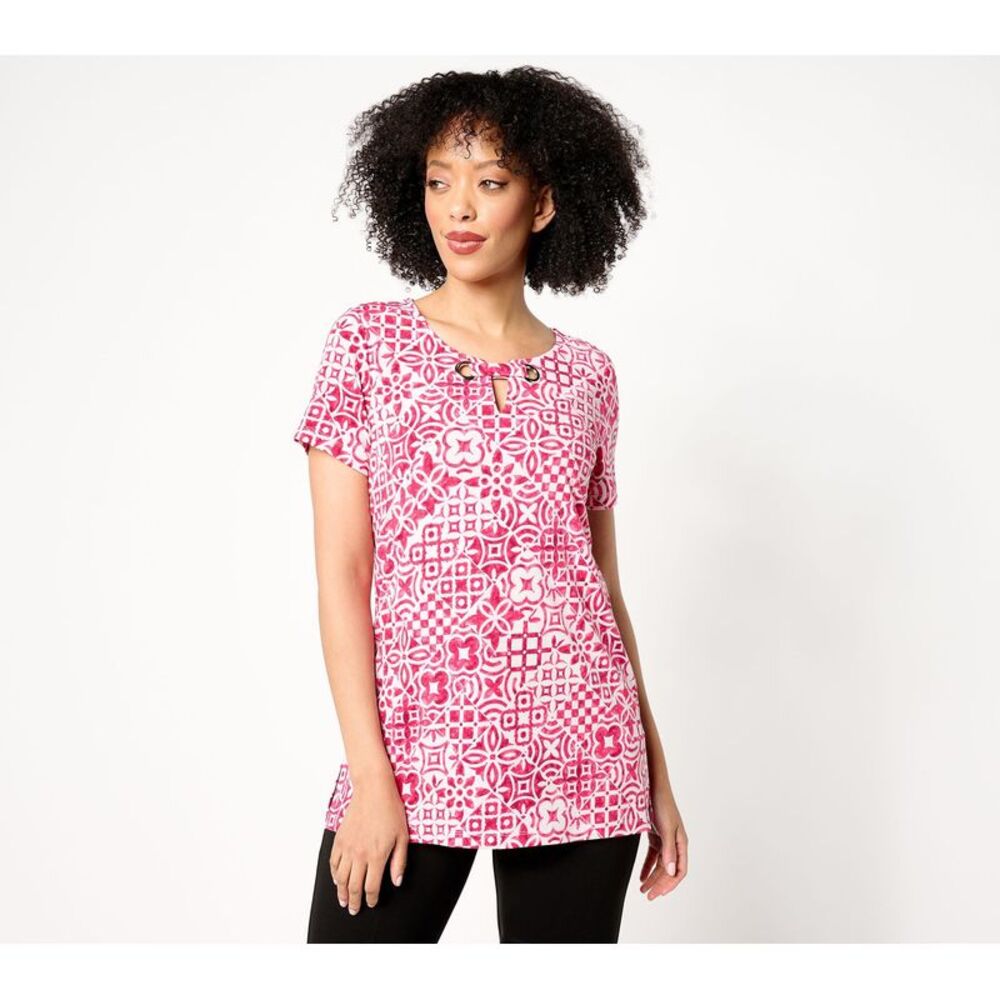 Top Knot Women's Sz S Printed Liquid Knit Tunic Grommet Detail Pink A691303
